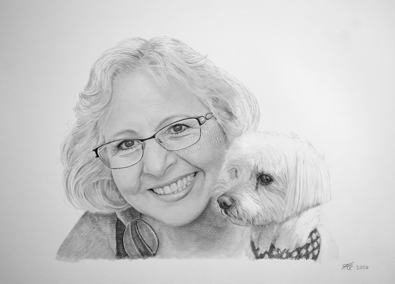 Bleistiftzeichnungen, gezeichnetes Tierportrait, Frau mit Ihrem Hund mit Bleistiften gezeichnet