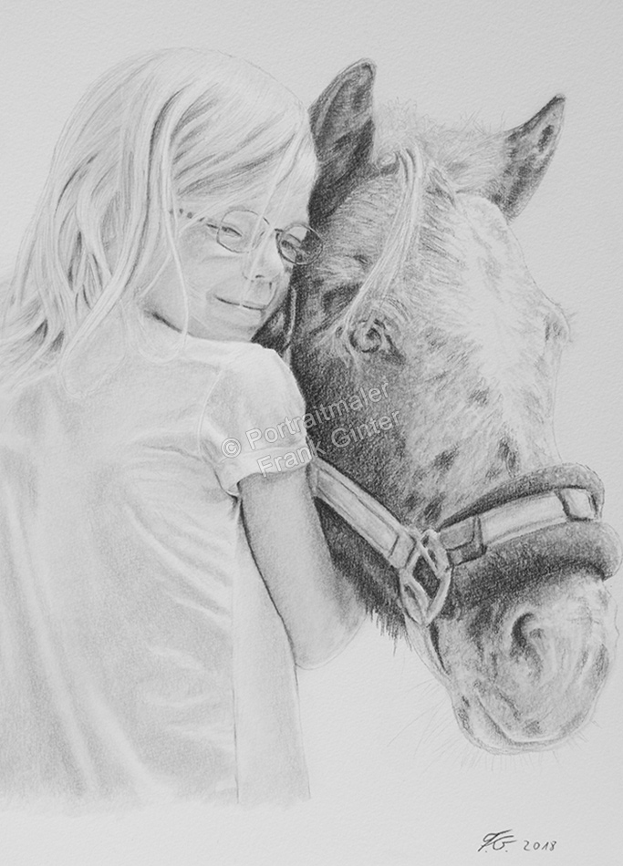 Bleistiftzeichnung, Pferdeportrait mit einem Mädchen und Ihrem Pferd gezeichnet